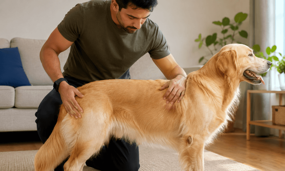 A person checking a dog's body condition at home - Placement: after "How to Score Your Pet at Home" section